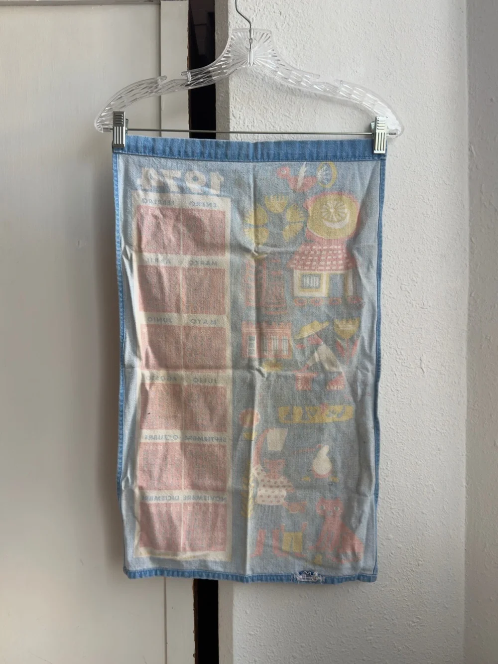 Vintage 1974 Blue Calendar Tea Towel - Colorful Folk Art Design